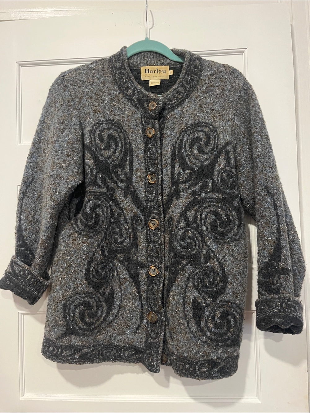 Harley Wool Unisex Gray Patterned Wool Blend Cardigan